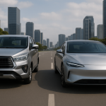 Ilustrasi Kijang Innova vs Mobil Listrik. (Foto: Generative AI)