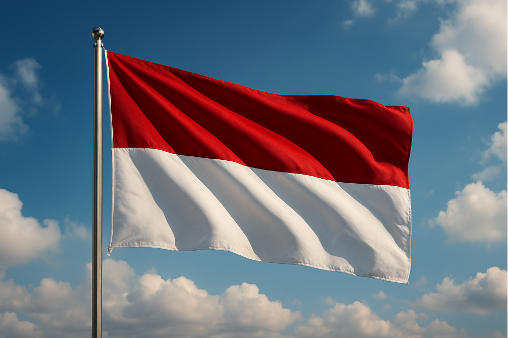 Ilustrasi bendera merah putih berkibar dengan gagah.