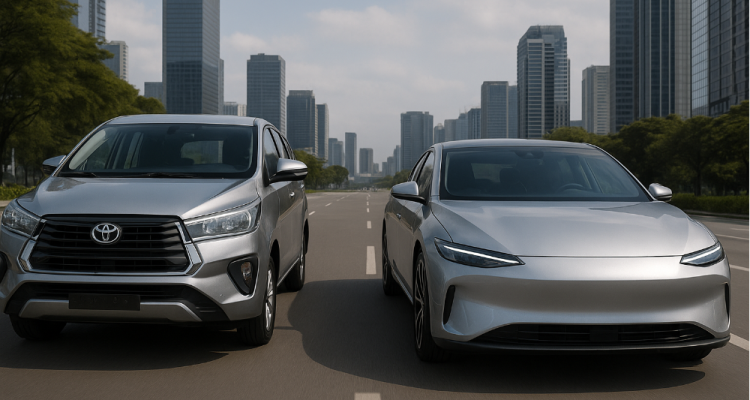 Ilustrasi Kijang Innova vs Mobil Listrik. (Foto: Generative AI)