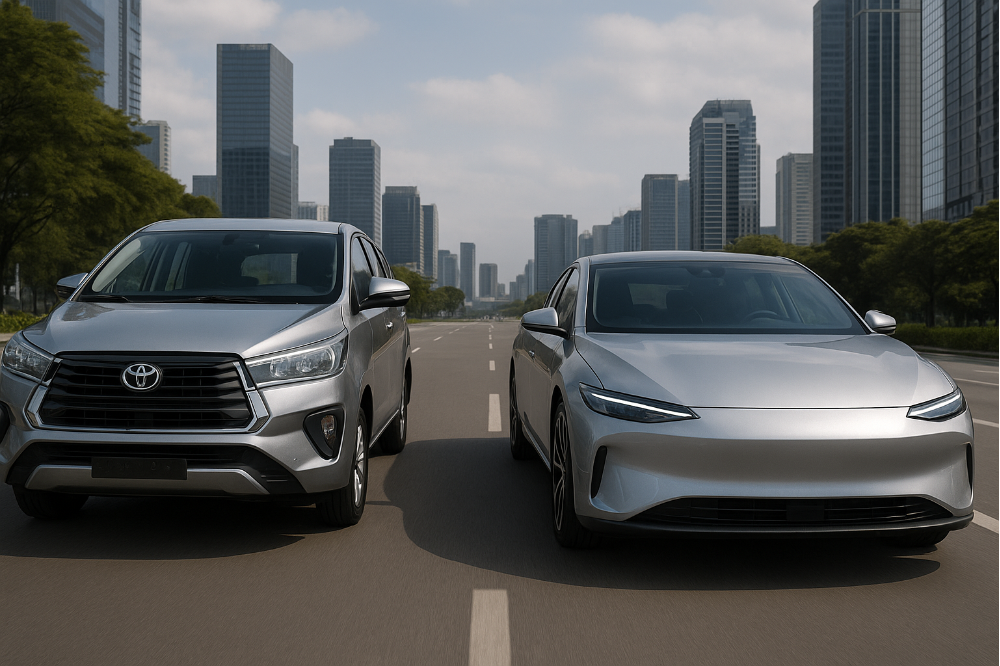 Ilustrasi Kijang Innova vs Mobil Listrik. (Foto: Generative AI)