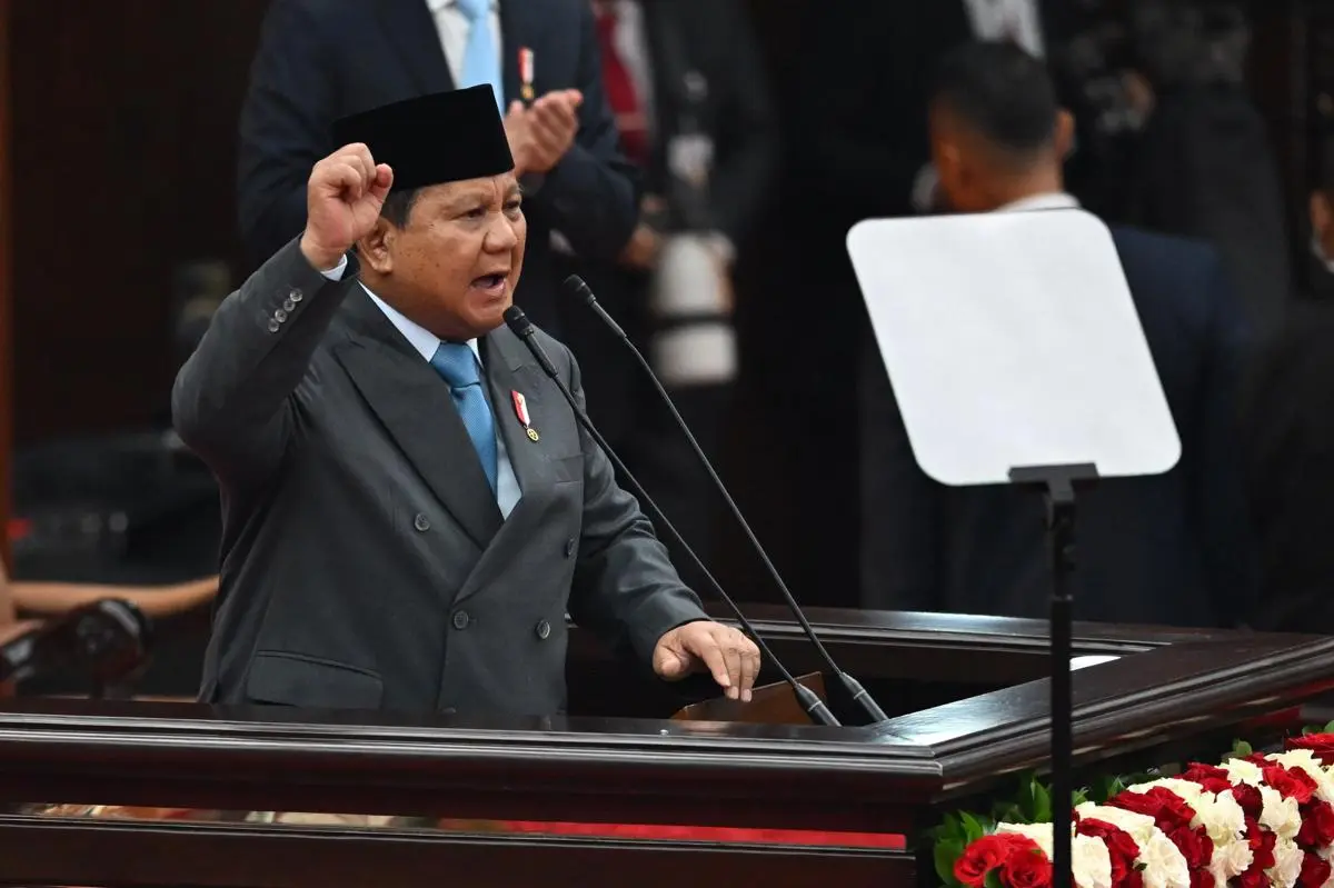 Presiden Prabowo Subianto menyampaikan pidato dalam Sidang Tahunan MPR RI dan Sidang Bersama DPR-DPD RI Tahun 2025 di Gedung Nusantara, Kompleks Parlemen, Jakarta, Jumat (15/8). (Sumber: ANTARAFOTO)